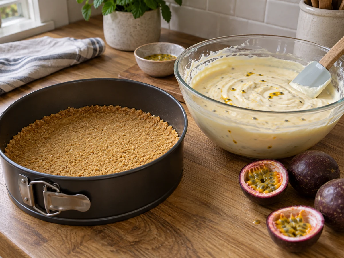 Biscuit base beside a bowl of passion fruit cheesecake filling Biscuit base beside a bowl of passion fruit cheesecake filling