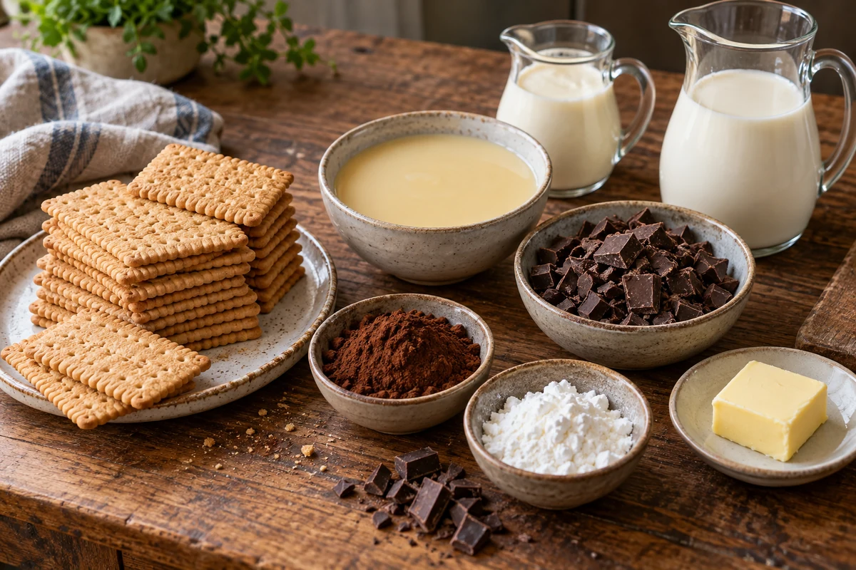 Biscuits chocolate milk cream and ingredients for chocolate pave Biscuits chocolate milk cream and ingredients for chocolate pave