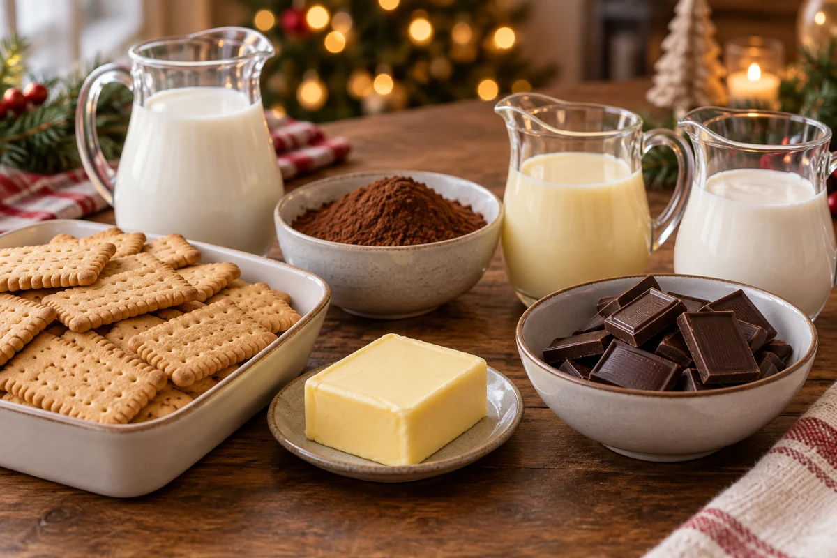 Biscuits, cocoa, cream and condensed milk for chocolate pave