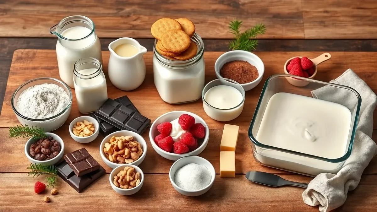 Biscuits, cream, chocolate, nuts and berries for a layered dessert Biscuits, cream, chocolate, nuts and berries for a layered dessert