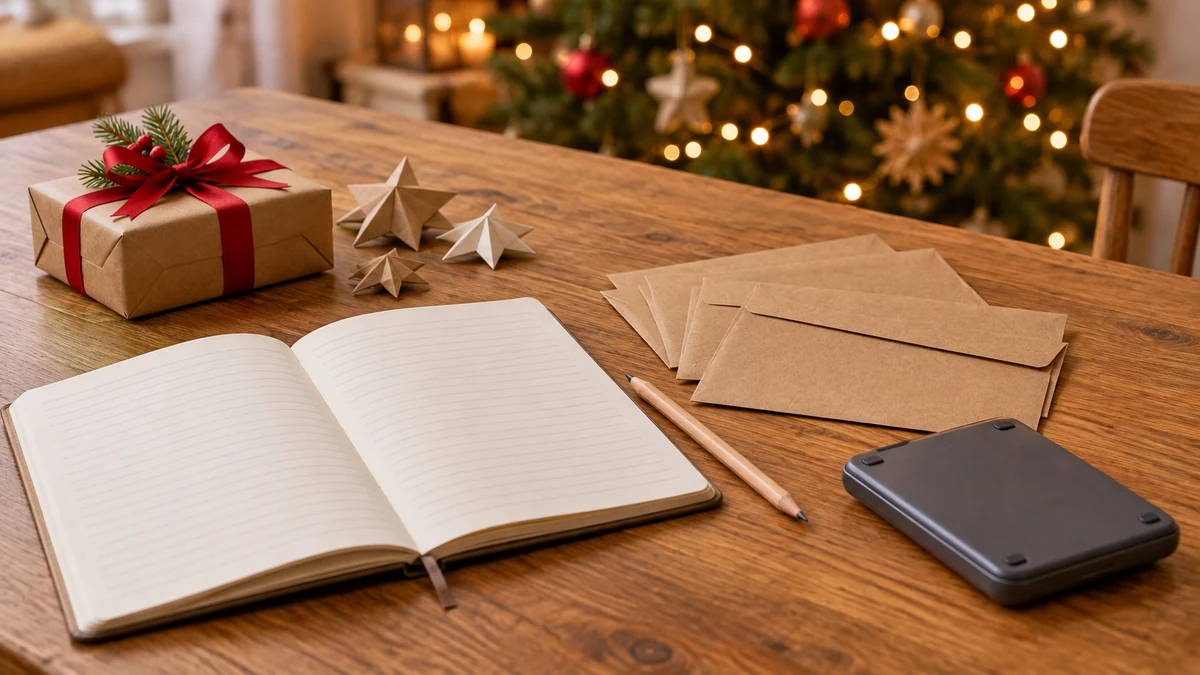 Blank budget notebook and envelopes beside Christmas decorations Blank budget notebook and envelopes beside Christmas decorations