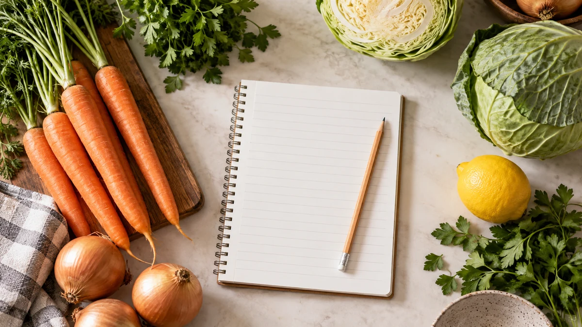 Blank meal planning notebook with vegetables and a pencil Blank meal planning notebook with vegetables and a pencil