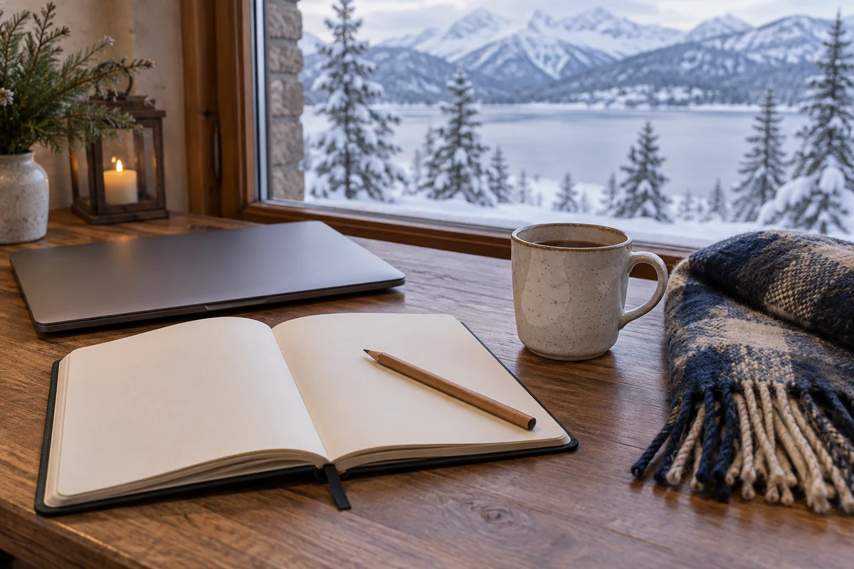 Blank notebook and laptop beside a window overlooking snow