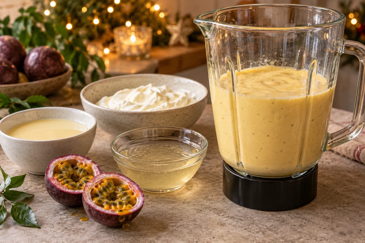 Blending a pale passion fruit mousse mixture Blending a pale passion fruit mousse mixture