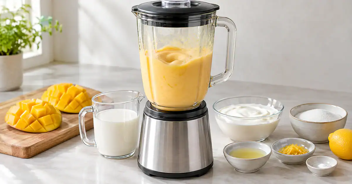 Chilled Mango and Lemon Cream 2 Mango cream prepared in a blender