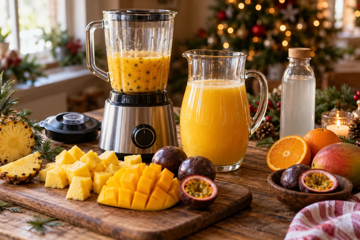 Blending tropical fruit juice for Christmas