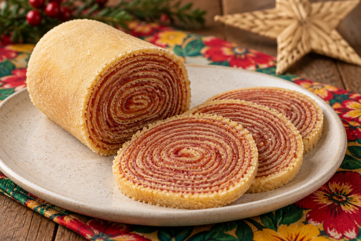 Bolo de rolo slices with thin sponge and guava paste layers Bolo de rolo slices with thin sponge and guava paste layers