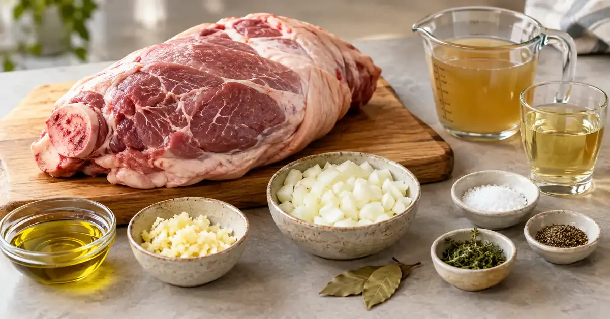 Bone-in pork leg with garlic, onion, stock and herbs Bone-in pork leg with garlic, onion, stock and herbs