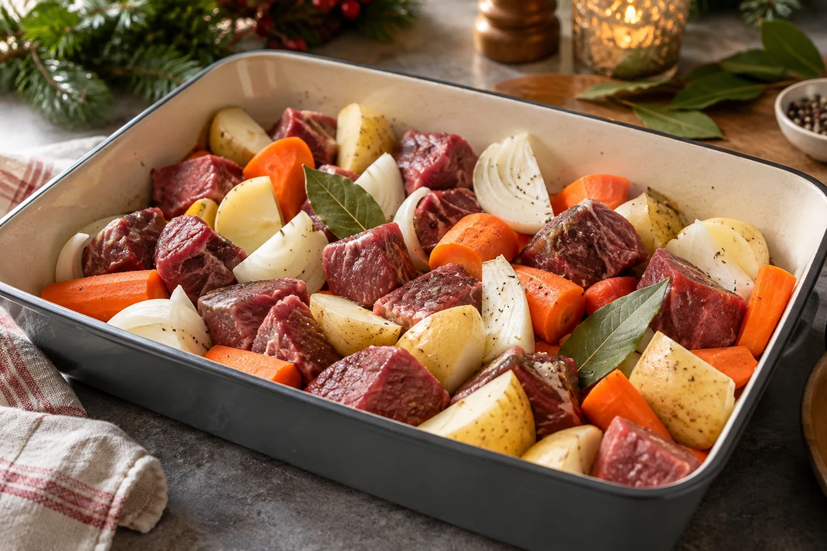 Boneless raw beef chuck cubes in a tray with carrots, potatoes, onions and bay leaves