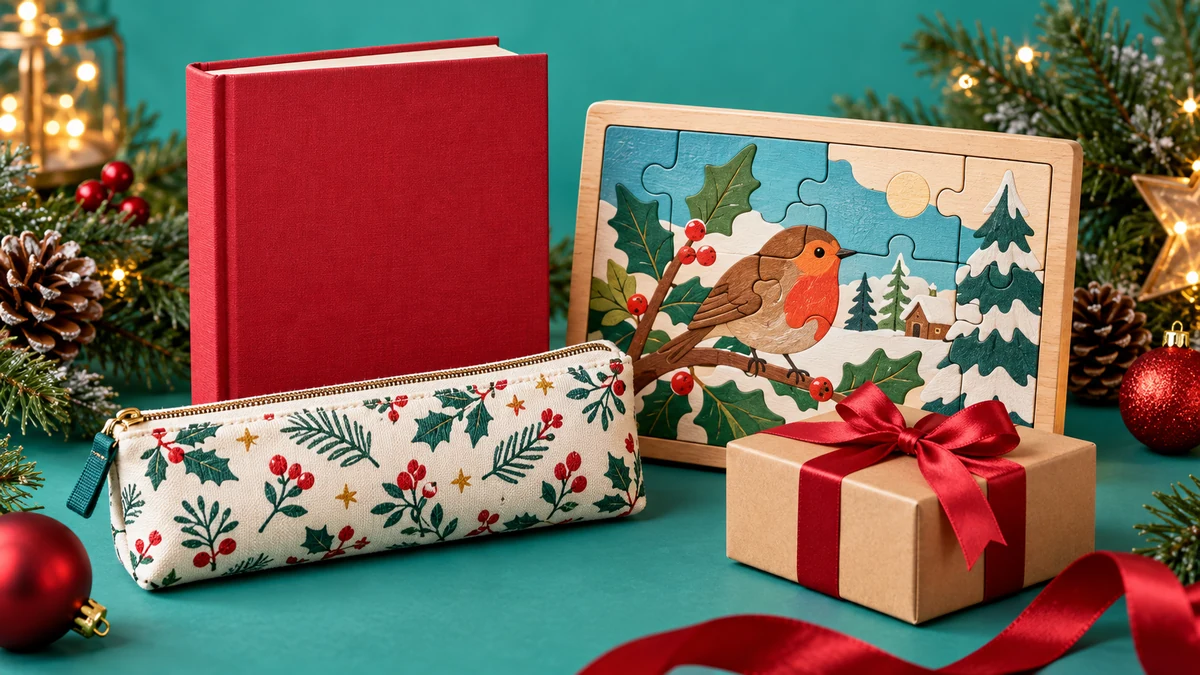 Book and hobby gifts arranged against a festive teal background