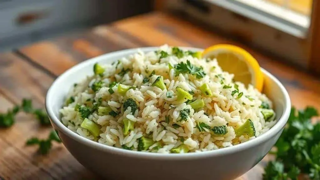 Bowl of broccoli rice with herbs and lemon