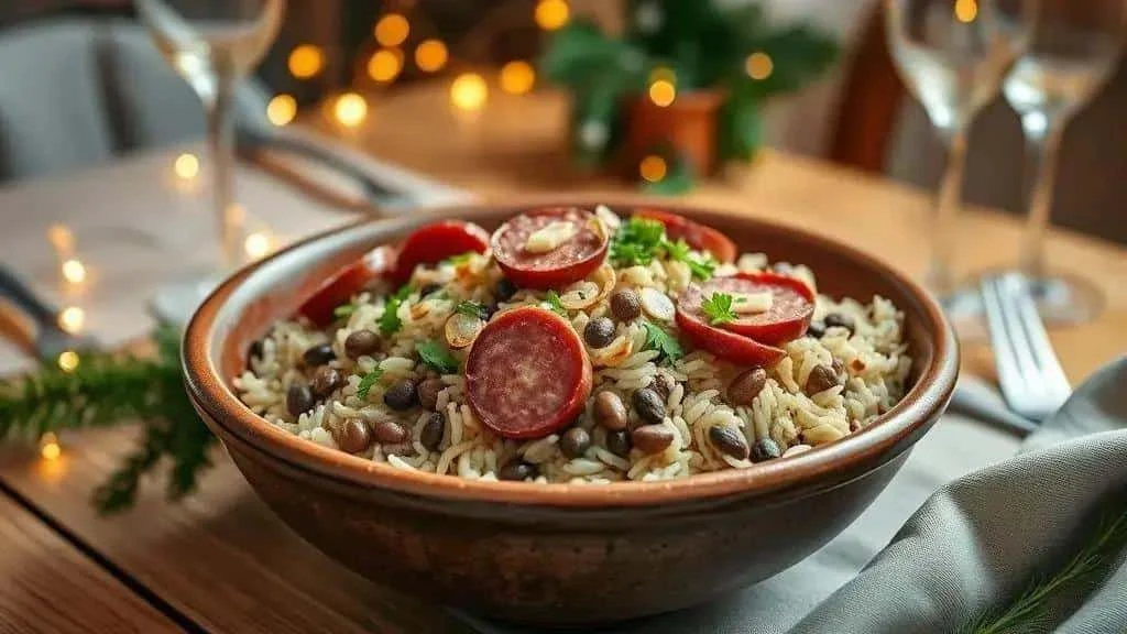 Bowl of rice with lentils, calabresa sausage and parsley