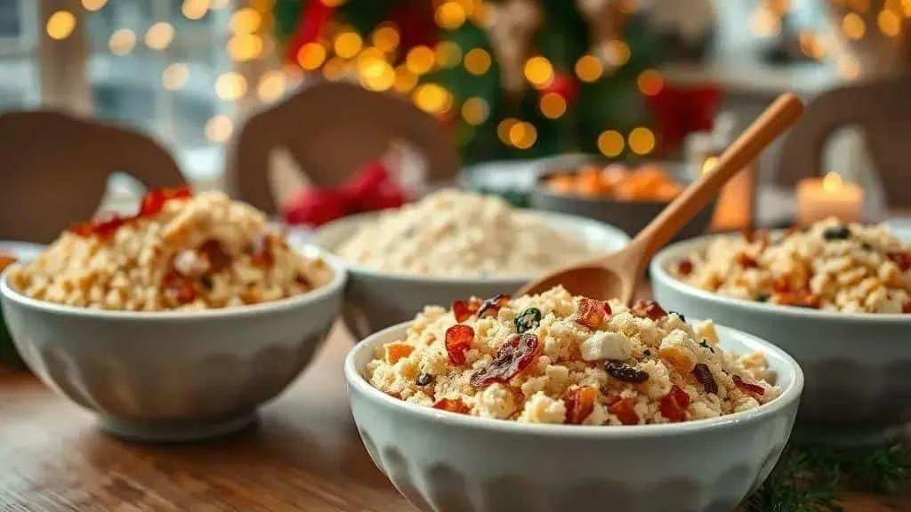 Bowls of Brazilian farofa with different ingredients