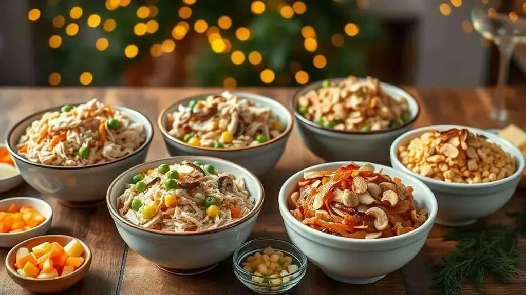 Bowls of chicken salpicao with different additions