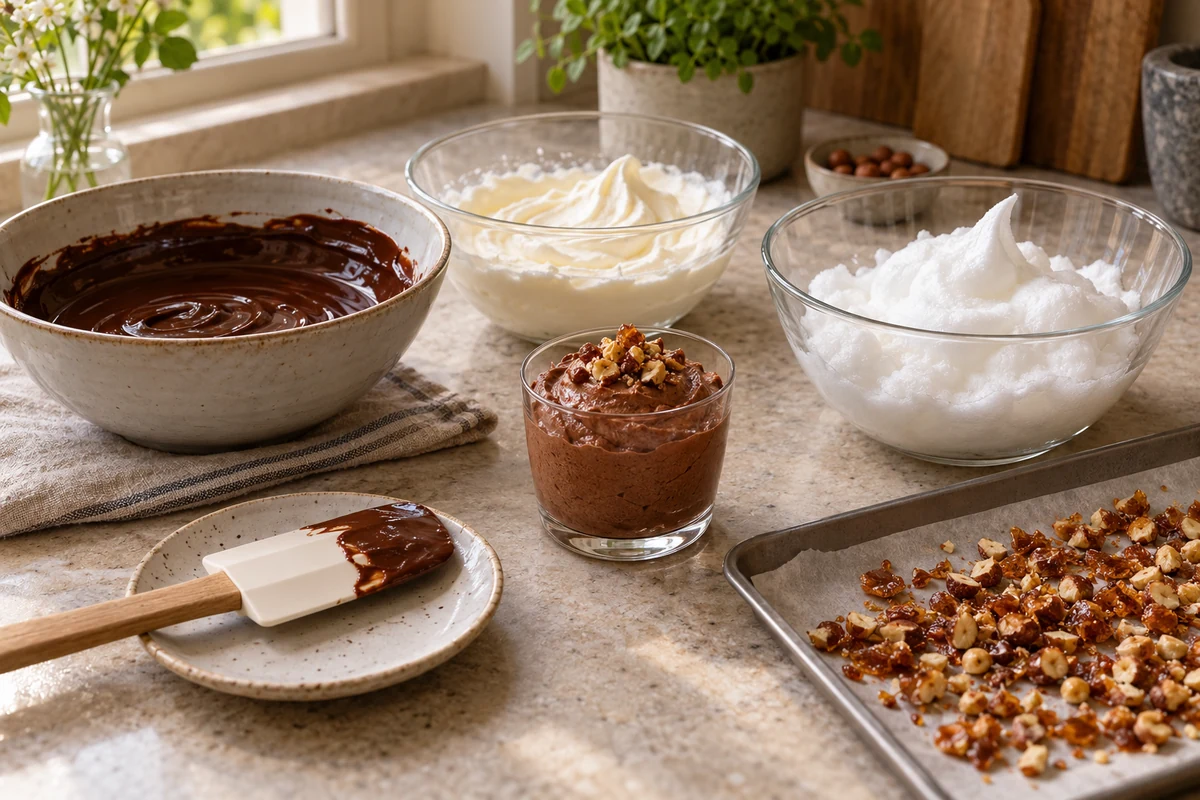 Bowls of chocolate whipped cream and egg white foam for mousse