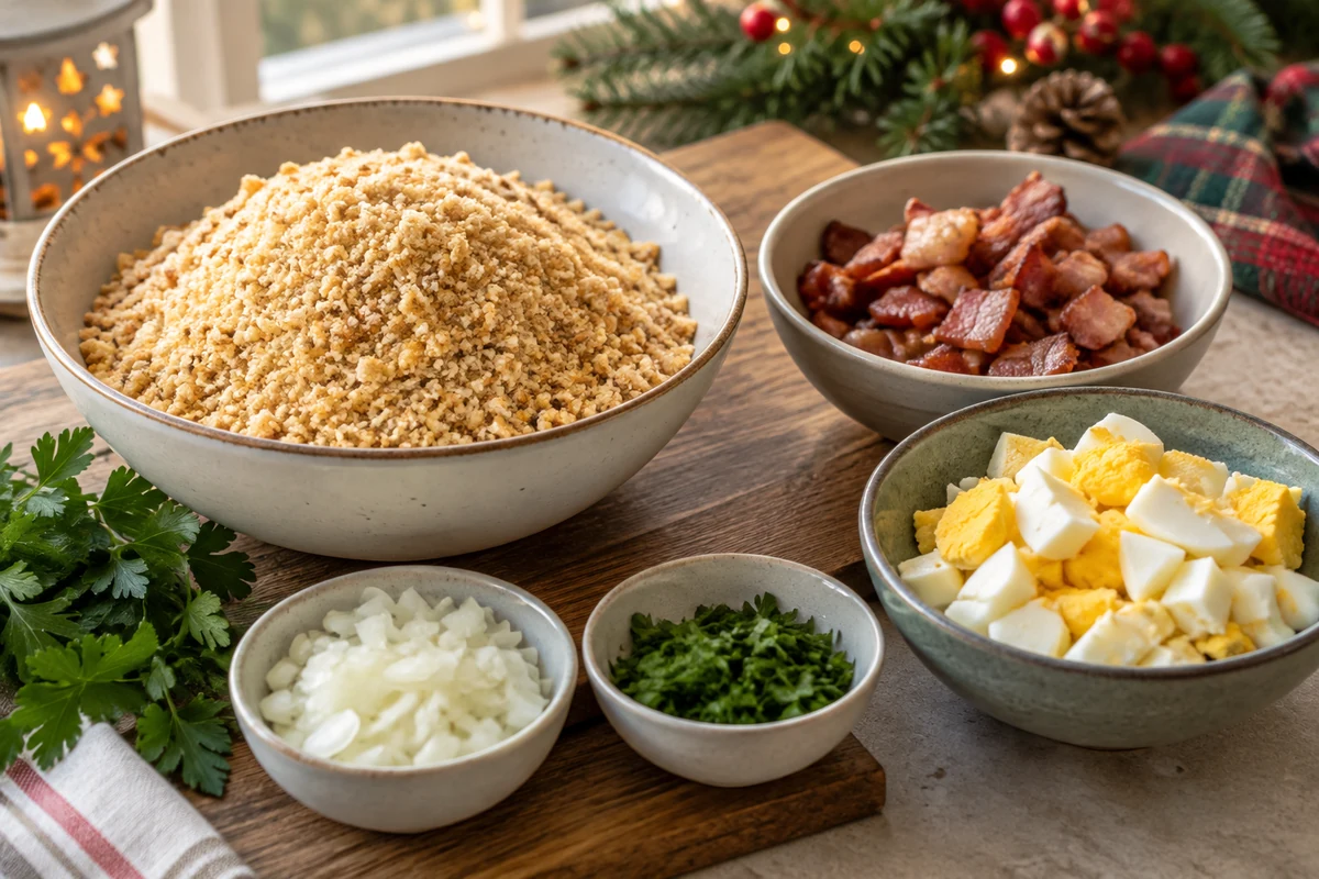 Bowls of coarse toasted cassava flour, cooked bacon cubes, chopped hard-boiled egg, onion and parsley