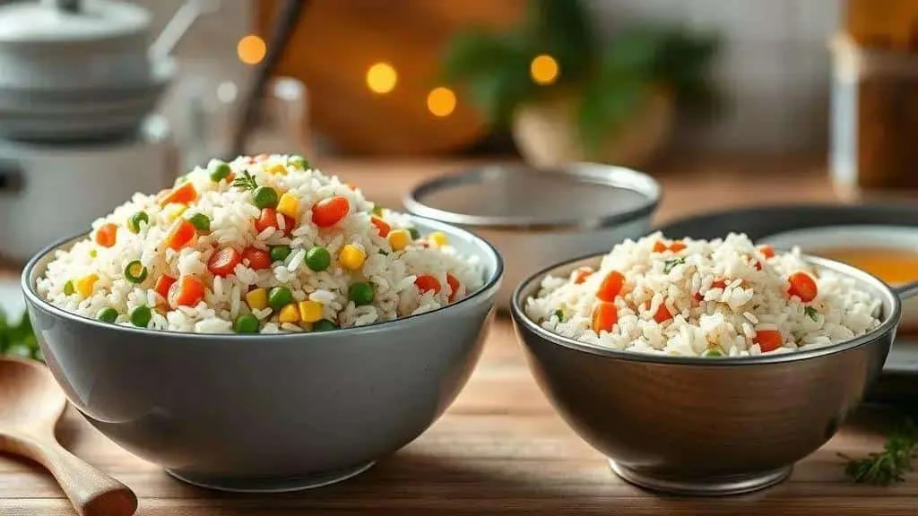 Bowls of colourful vegetable rice on a kitchen worktop