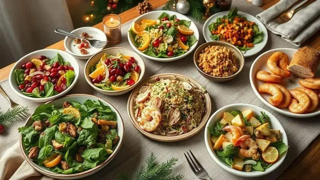 Bowls of festive salads with grains, fruit, prawns and leafy greens
