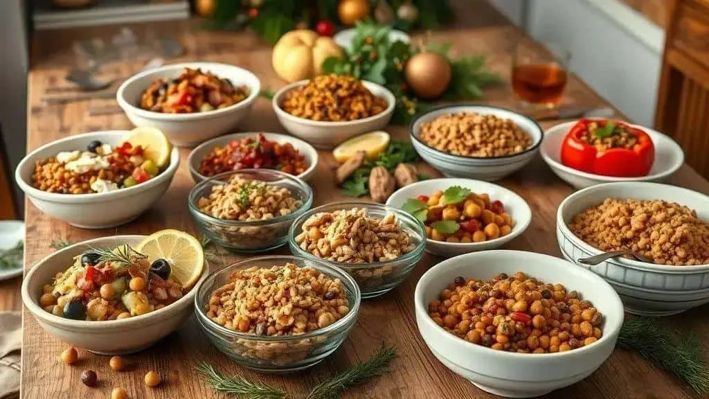 Bowls of lentil salad variations with vegetables, grains and herbs