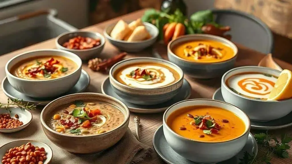 Bowls of lentil soup with different creamy swirls and savoury toppings