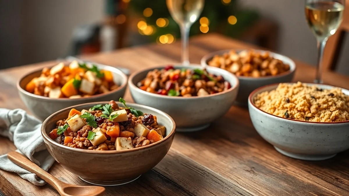 Bowls of lentils, vegetables, tofu and farofa variations