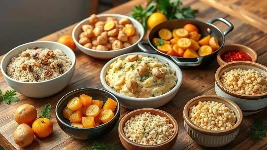 Bowls of rice mash potatoes and other turkey accompaniments