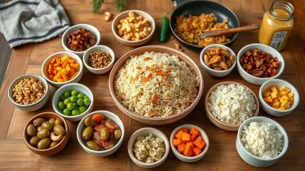 Bowls of vegetables, nuts and raisins for Christmas rice variations Bowls of vegetables, nuts and raisins for Christmas rice variations