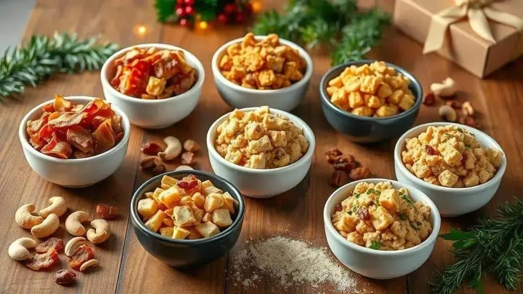 Bowls showing different Christmas farofa combinations