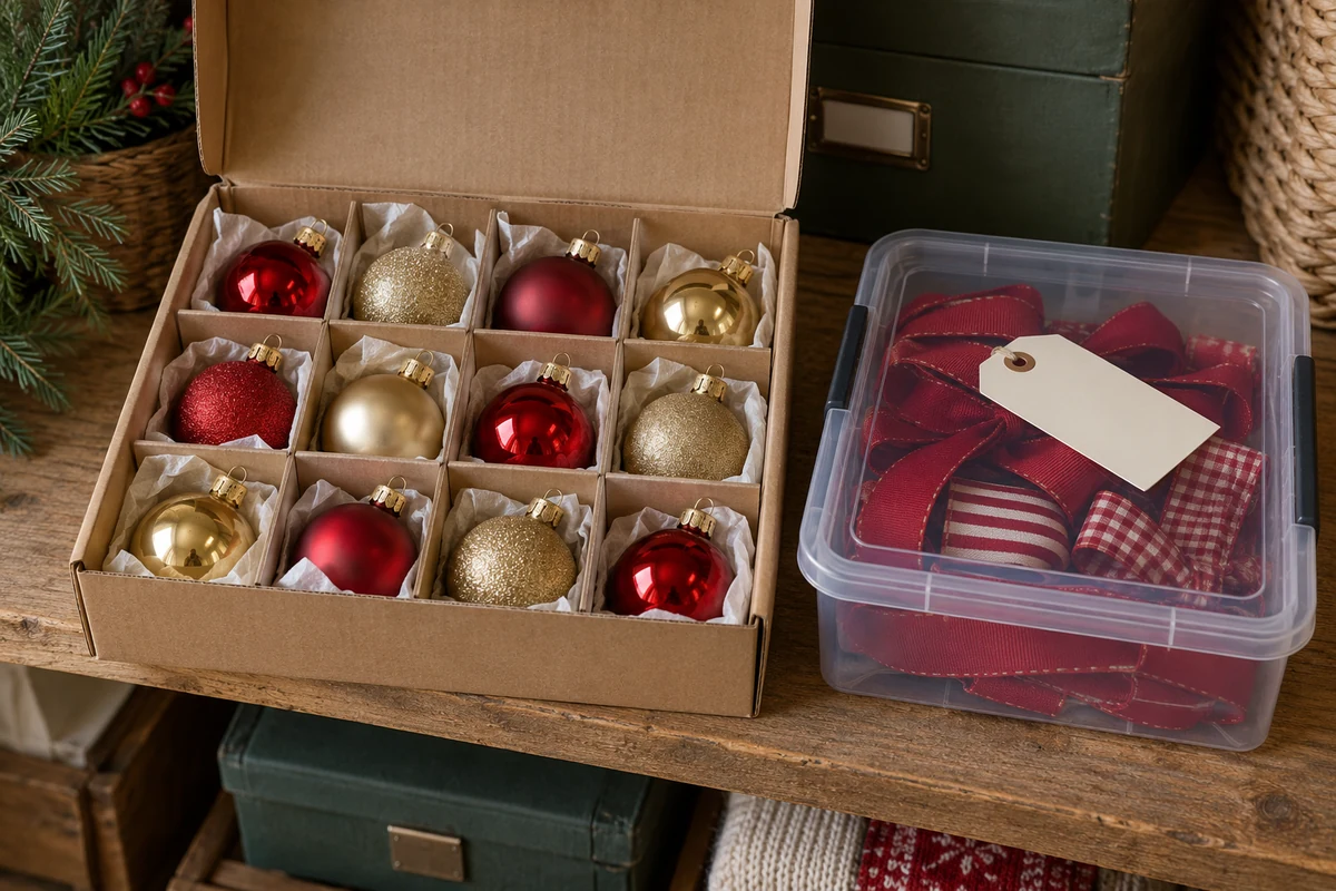 Boxed Christmas ornaments ready for an inventory check Boxed Christmas ornaments ready for an inventory check