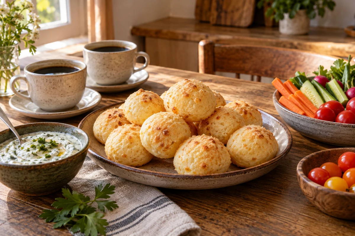 Brazilian cheese breads with coffee dips and vegetables Brazilian cheese breads with coffee dips and vegetables