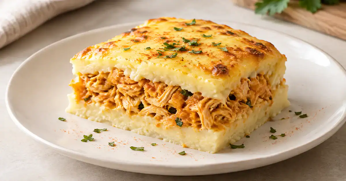Brazilian chicken bake with golden mashed potato
