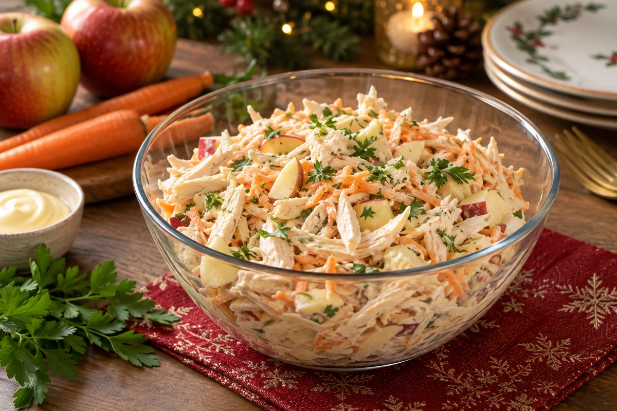 Brazilian chicken salpicao in a glass bowl with shredded cooked chicken, grated carrot, apple and creamy dressing