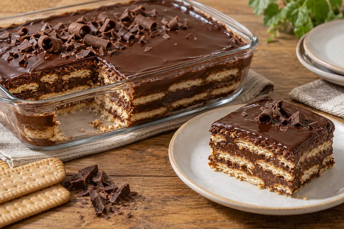 Brazilian chocolate biscuit pavé with a served slice