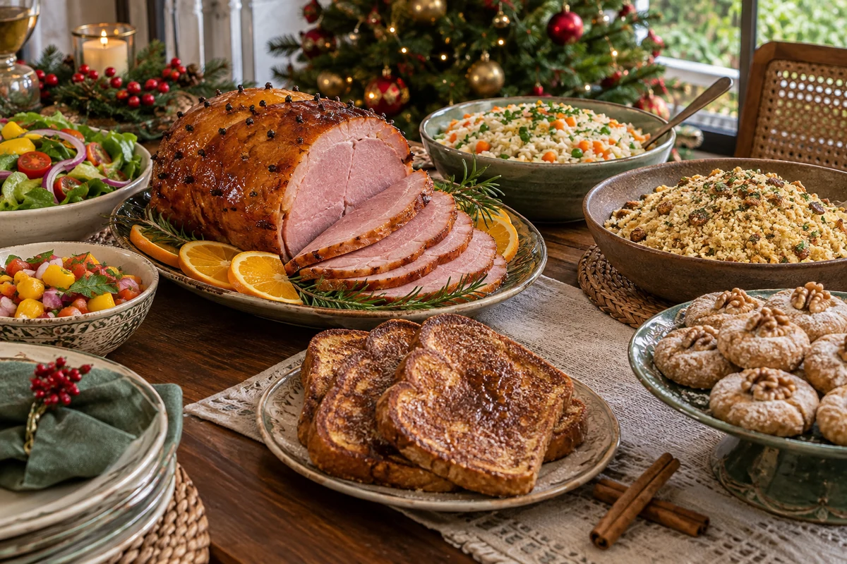 Brazilian Christmas buffet with glazed ham and desserts