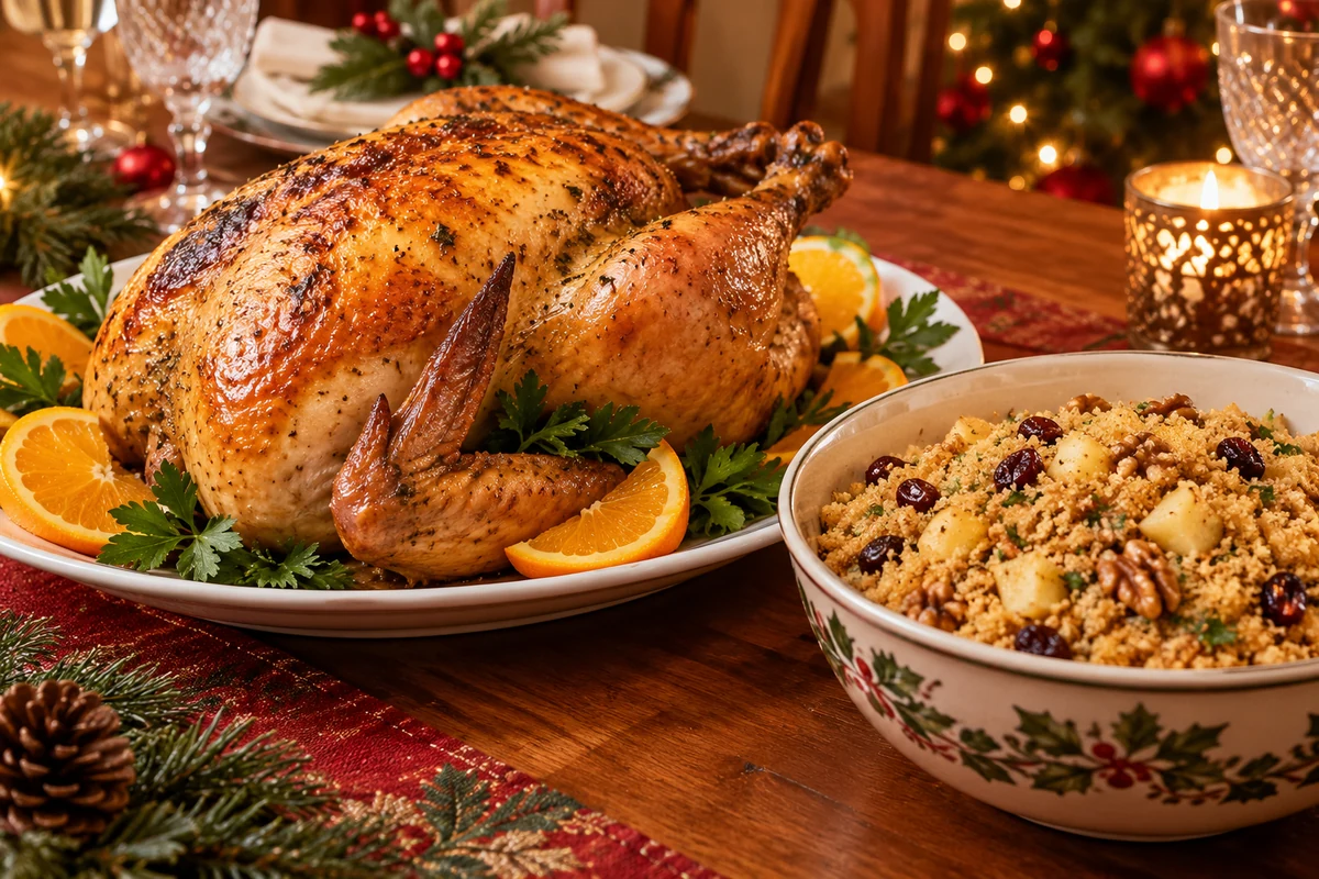 Brazilian Christmas chicken with fruit farofa on the side