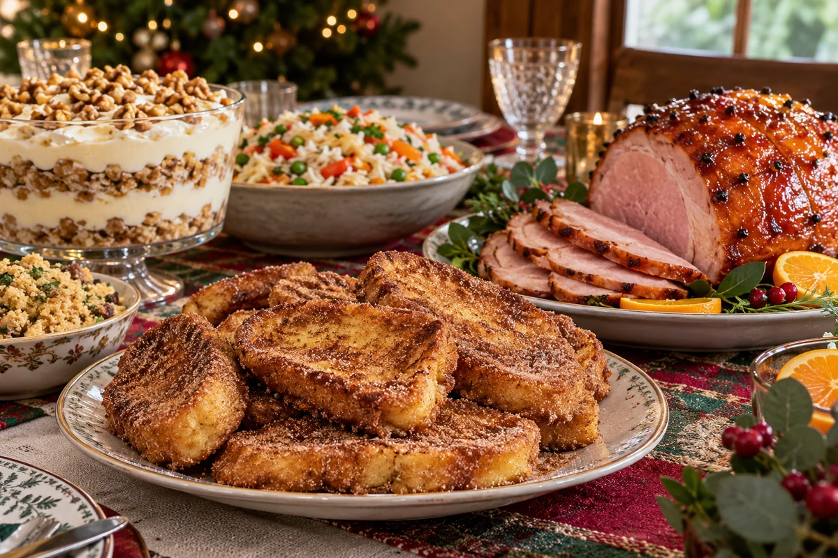 Brazilian Christmas feast with ham rice farofa and desserts