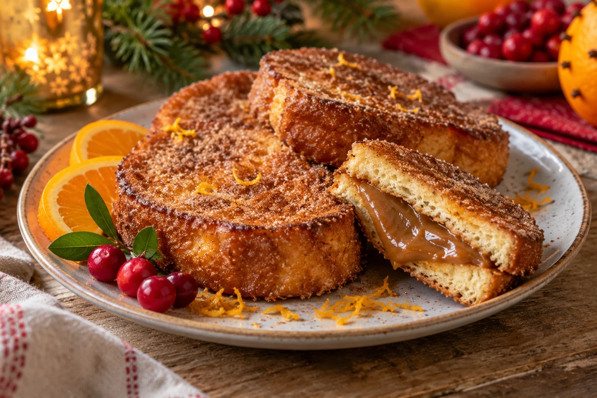 Brazilian Christmas French toast with cinnamon sugar and fruit