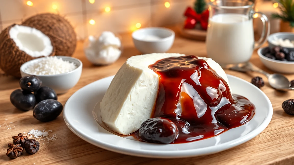 Brazilian coconut pudding with prune sauce