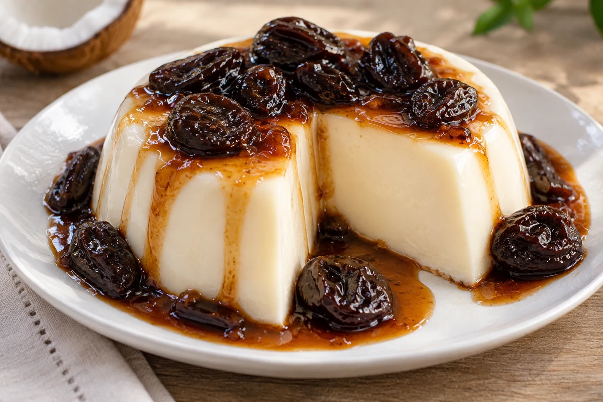 Brazilian coconut pudding with prune sauce and a slice removed Brazilian coconut pudding with prune sauce and a slice removed