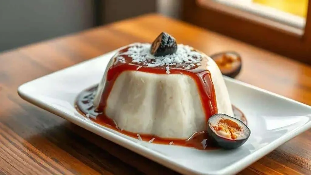 Brazilian coconut pudding with prune sauce for New Year's Eve
