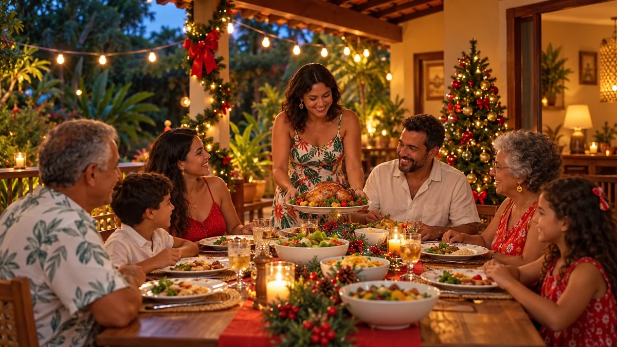 Brazilian family sharing Christmas dinner on a summer evening