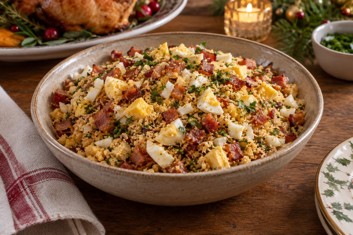 Brazilian farofa with visible coarse toasted cassava flour crumbs, crisp diced bacon and chopped hard-boiled egg