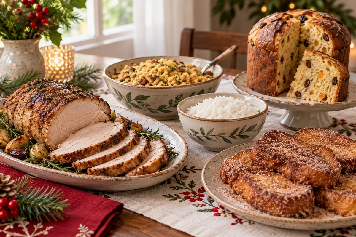 Brazilian festive foods with farofa roast pork panettone and rabanadas