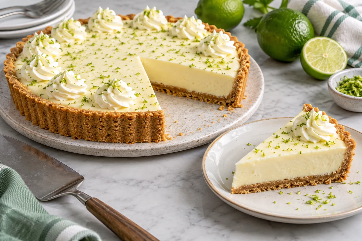 Brazilian lime tart with whipped cream and lime zest