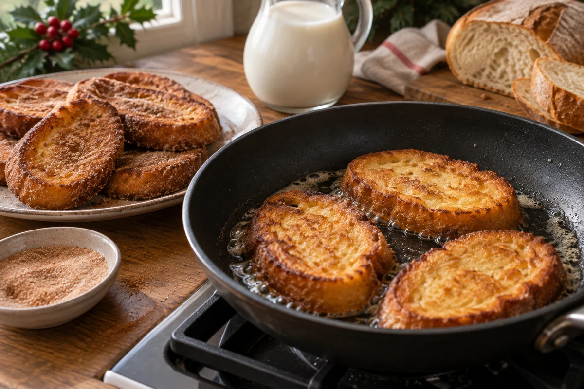 Brazilian rabanada slices cooking in a frying pan