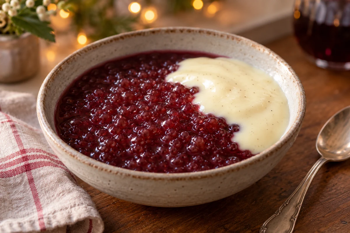 Brazilian sagu with tiny red tapioca pearls and custard