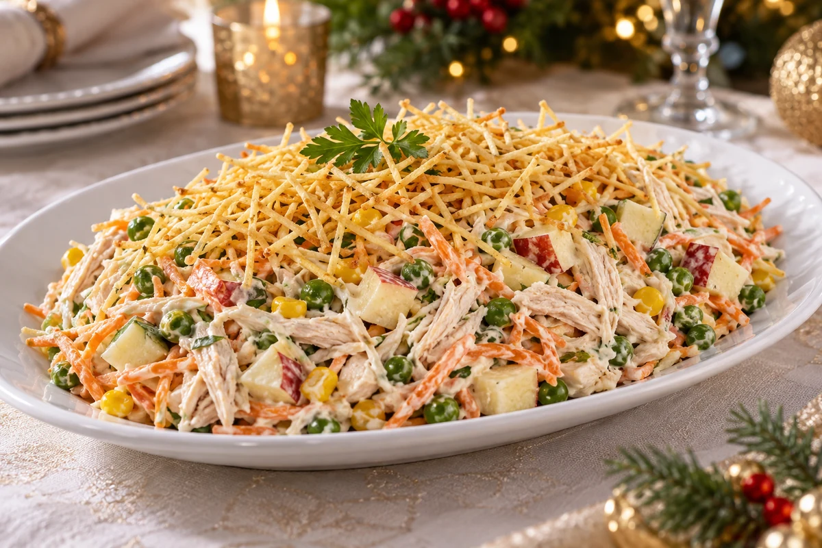 Brazilian salpicão served in a bowl for Christmas
