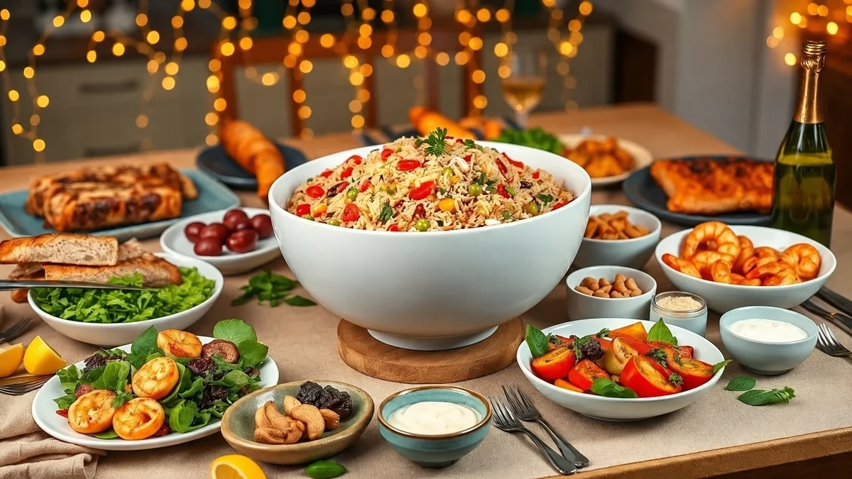 Brazilian vegetable rice served with a festive selection of dishes
