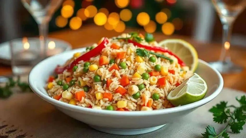 Brazilian vegetable rice with peas, carrots, sweetcorn and parsley