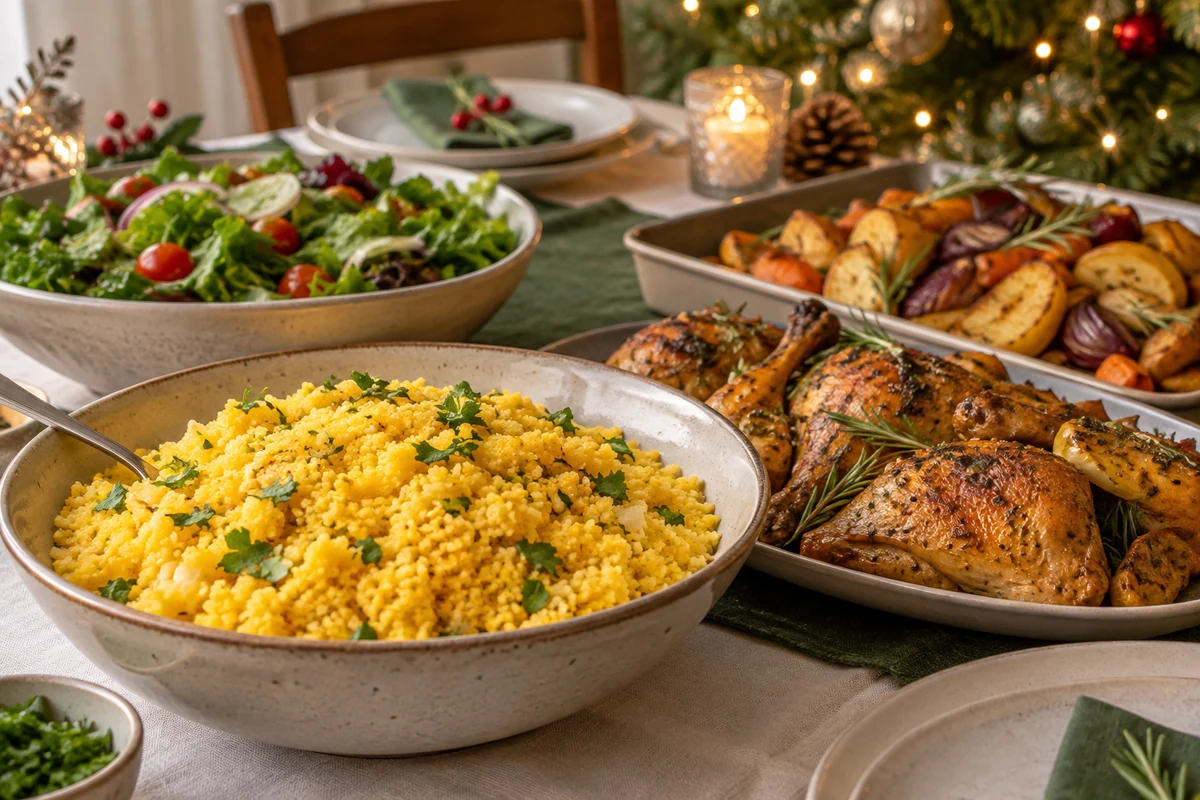 Brazilian yellow corn cuscuz and chicken on a Christmas table with a green salad and roasted vegetables Brazilian yellow corn cuscuz and chicken on a Christmas table with a green salad and roasted vegetables